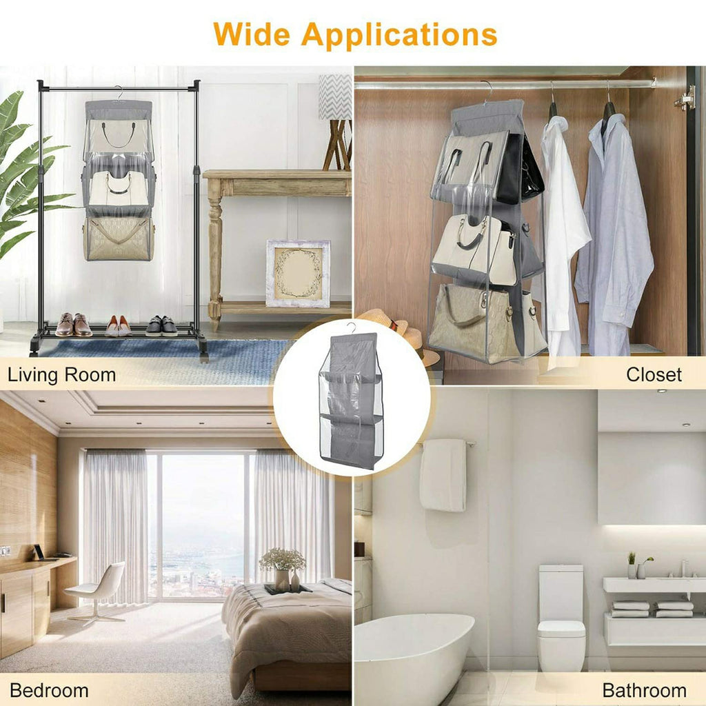 Dust Proof Hanging Handbag Purse Clutch Organizer with 6 Large Compartments & Hanger