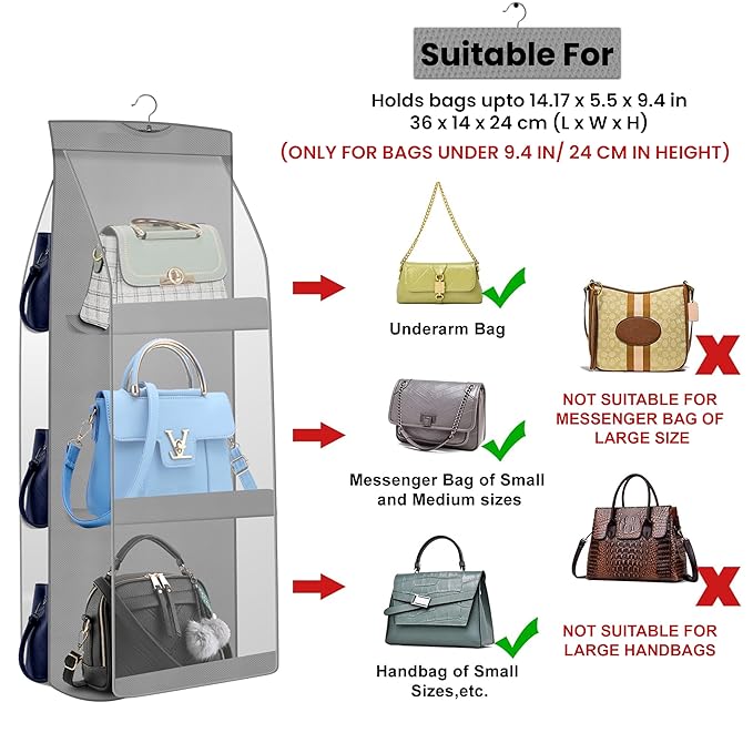 Dust Proof Hanging Handbag Purse Clutch Organizer with 6 Large Compartments & Hanger
