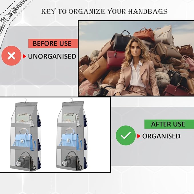 Dust Proof Hanging Handbag Purse Clutch Organizer with 6 Large Compartments & Hanger