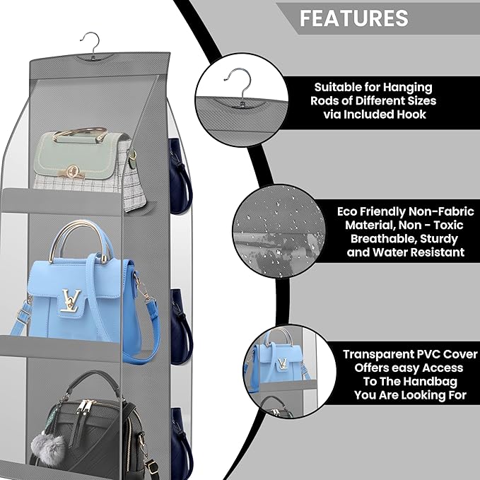 Dust Proof Hanging Handbag Purse Clutch Organizer with 6 Large Compartments & Hanger