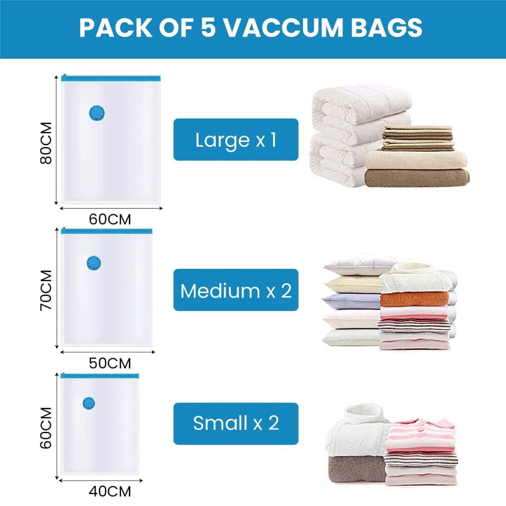 Vacuum Storage Bags for Clothes with Hand Pump – 5-Pack